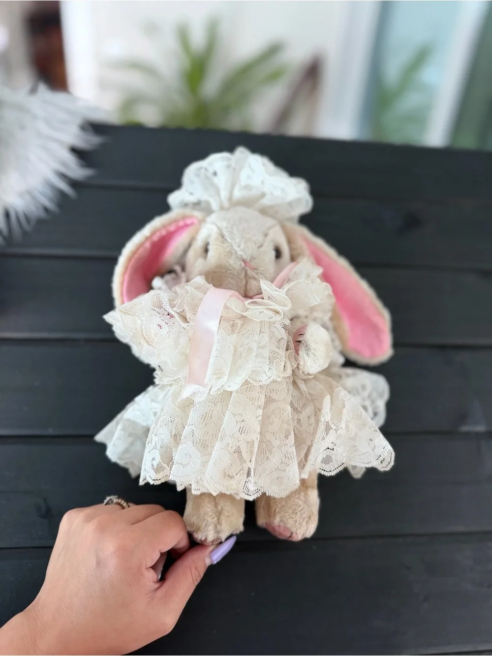 Vintage Plush Bunny in Ivory Lace Dress & Pink Rag Doll Pair - Soft Kids Toys